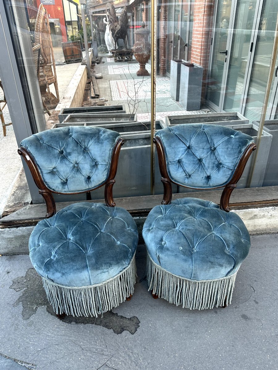 Pair Of Armchairs In Walnut And Blue Velvet, Napoleon III Style, 19th Century