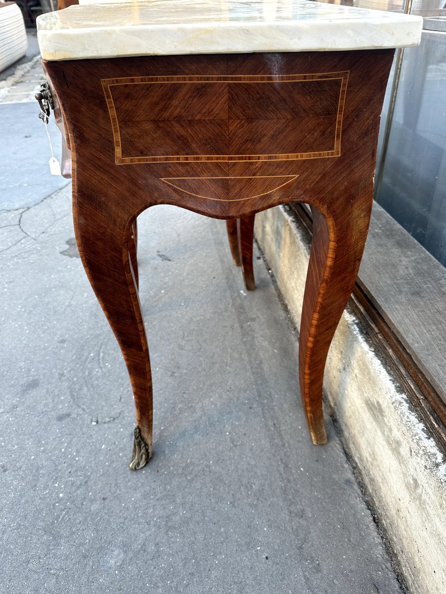 Paire de chevets de style Louis XV en marqueterie et marbre, XIXᵉ siècle-photo-4