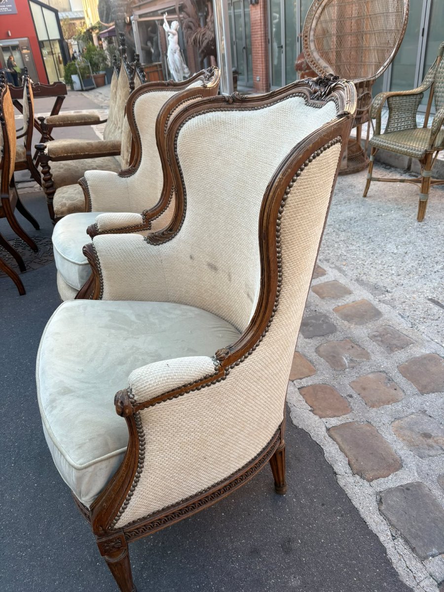 Paire de bergères à oreilles de style Louis XVI, XIXᵉ siècle-photo-1