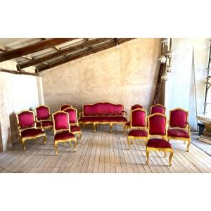 Italian Gilt Wood Living Room Set, Genoa (it), 19th Century (1 Sofa, 4 Armchairs, 6 Chairs)