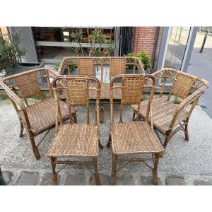 Italian Rattan Living Room Late 19th Century Sofa, 2 Armchairs, 2 Chairs 