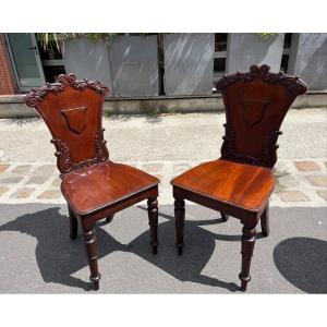 Pair Of English Mahogany Chairs Called Hall Chairs, 19th Century  