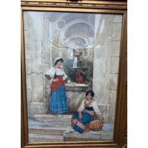 Aquarelle  sur papier à la fontaine par Bompiani Battaglia fin 19 EME 