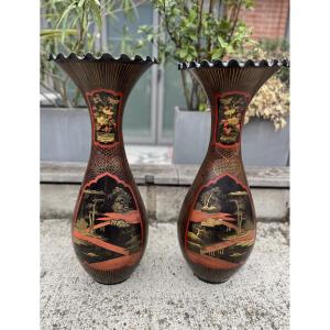 Pair Of Large Japanese Porcelain Vases, Lacquer Decoration, Late 19th Century 