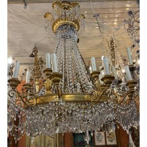 Lustre début XIX EME Italie  montgolfière  bois doré 12 lumières 