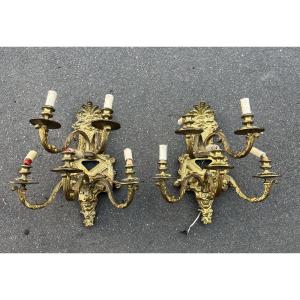 Pair Of Bronze Wall Sconces, Regency Style, 19th Century, France