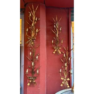 Suite de 5 appliques en fer doré 5 lumières à decor de roseaux XX EME 