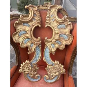 2 éléments en bois sculpté dorés et faux marbre XIX EME 