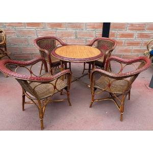 Early 20th Century Rattan Living Room Set With 4 Armchairs And A Round Table 