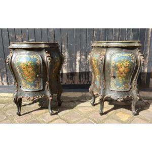 Pair Of Venetian Painted Bedside Tables, Late 19th Century 