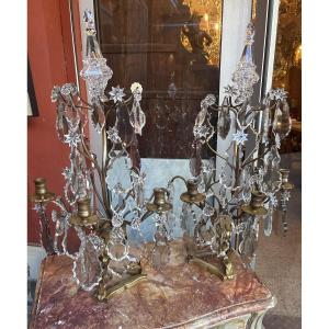 Pair Of 19th-century Regency Style Girandoles In Bronze And Crystal 