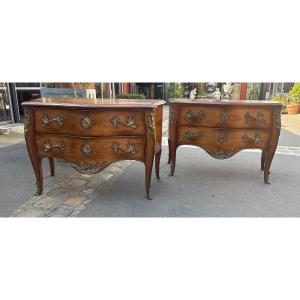 Pair Of Louis XV Style Chests Of Drawers, France, 20th Century, Patinated Oak 