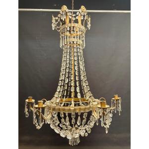 Early 19th Century Chandelier, Hot Air Balloon Model, 6 Arms, Wrought Iron And Antique Crystal  
