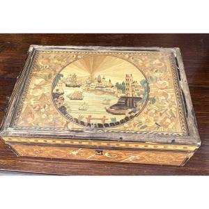 Straw Marquetry Box Early XIX Eme Port Scene