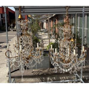 Pair Of Italian 6-light Gilded Iron Chandeliers With Crystal Garlands XX Eme