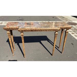 Italian-style Carved Wood Console With Patina And Marble Top XX Eme