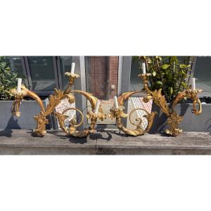 Pair Of Giltwood Sconces Italy XVIII XIX Eme 3 Lights