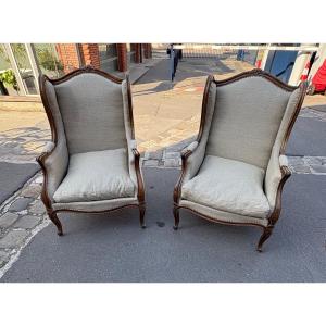 Pair Of Louis XV Style Beech Bergères With Ears, Early XXth Century
