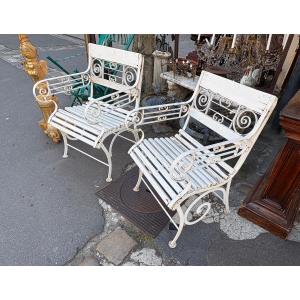 Pair Of Iron And Painted Wood Garden Armchairs XIX Eme