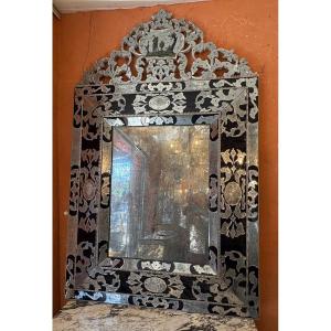 Large Venetian Mirror Early XX Eme With Navy Blue Background And Cut Mirror Application