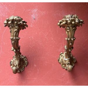 Paire d’appliques bras de lumière bois doré italie XIX EME en