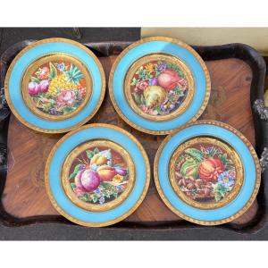 Set Of 4 Painted And Gilded Plates With Fruit Motifs, Made Of Sèvres Porcelain And Marked S53