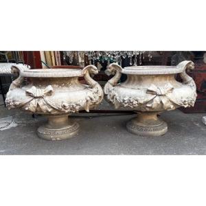 Pair Of 19th-century Greige Terracotta Planters 
