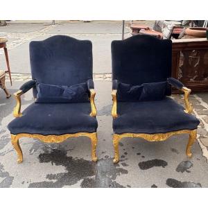 Pair Of Regency-style Armchairs In Gilded Wood, 19th Century