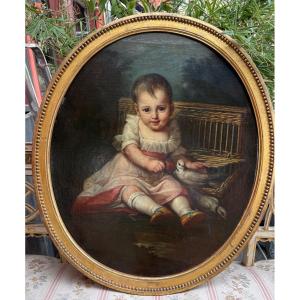 Late 18th-century Painting, Oil On Canvas, Depicting A Small Child Playing With A Bird 