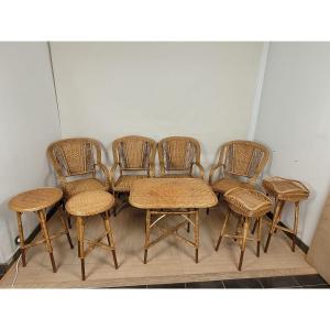 9-piece Rattan Living Room Set, Late 19th Century To Early 20th Century