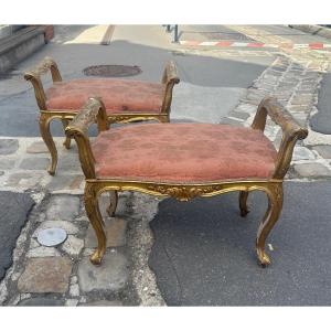 Pair Of Benches With Armrests On The Sides, Gilded Wood, Louis XV Style, Italy, Early 20th Century 