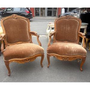 Pair Of 19th-century Walnut Armchairs In The Louis XV Style 