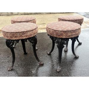 Set Of 4 Stools With Round Upholstered Seats And Black Iron Bases, 19th Century. Eme 