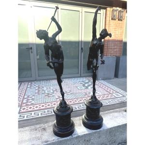 Pair Of Bronze Sculptures Depicting Hermes And A Female Figure Attributed To Aphrodite, 19th Century