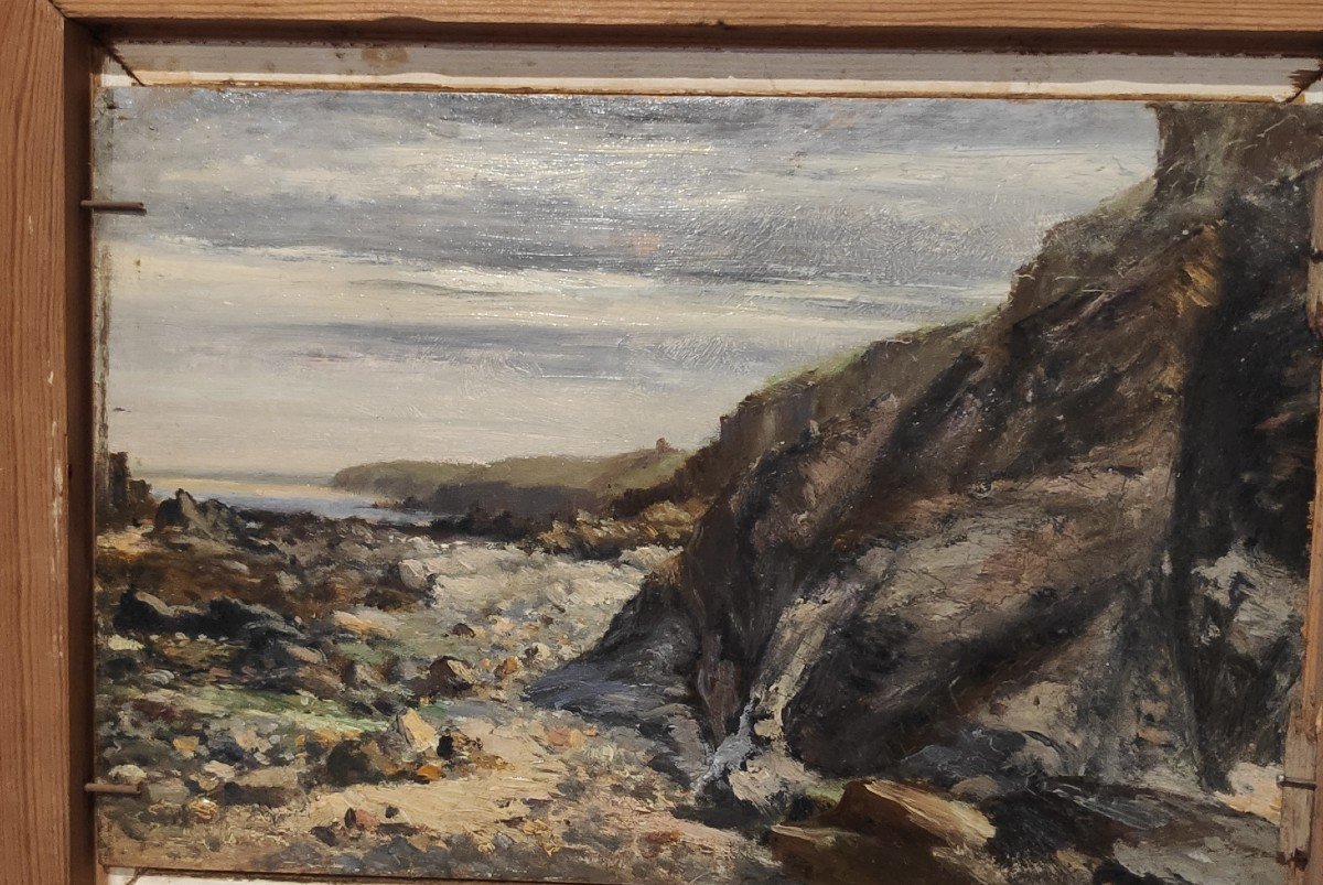 Paysage De Bord De Mer, Pécheurs à Pieds, Huile Sur Panneau Double Face, école Française Du 19 -photo-1