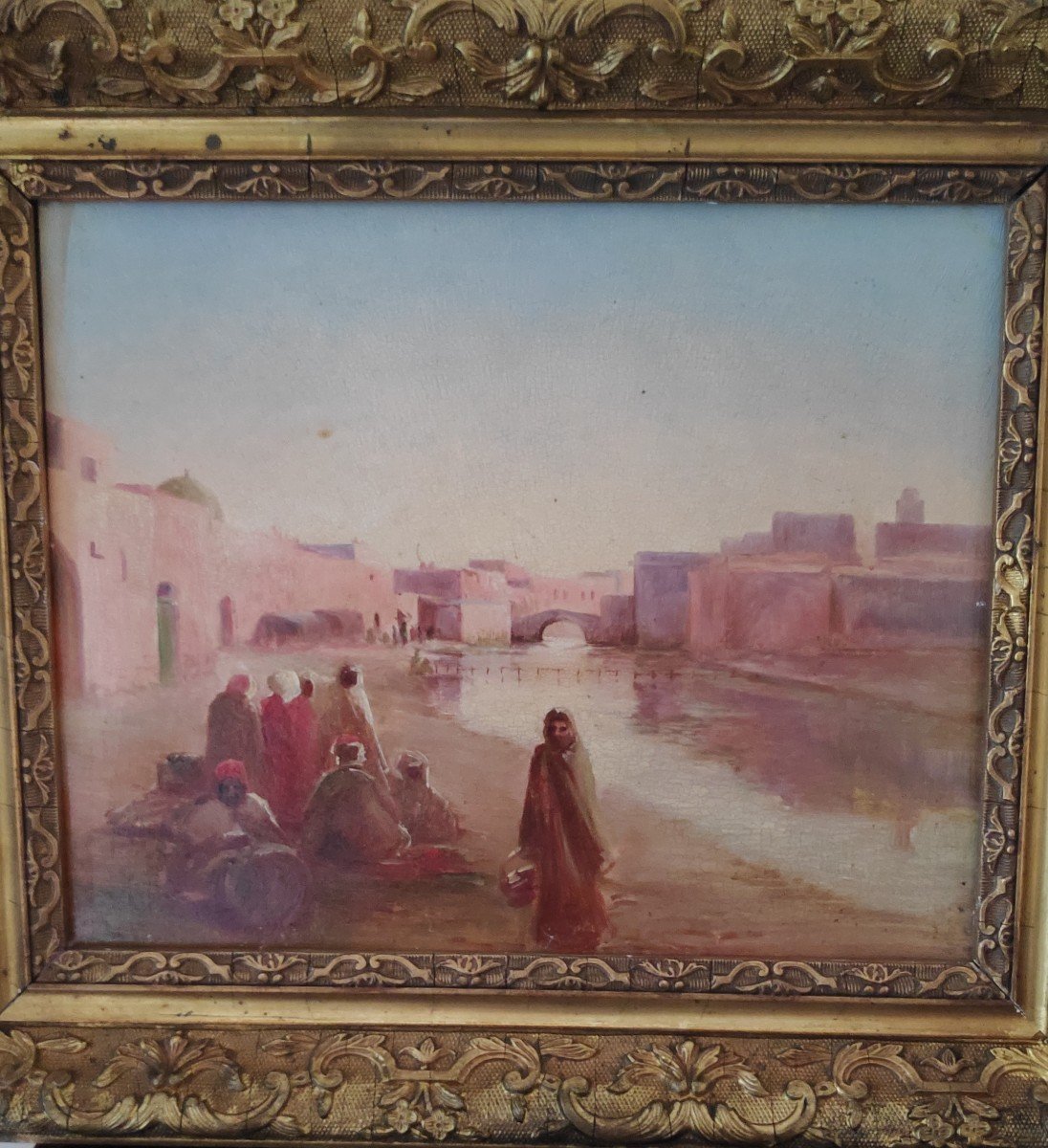 Tableau Ancien - Huile Sur Panneau - Paysage De Bâtisses Au Bord D'un Fleuve - École Orientaliste ?