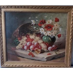 Nature Morte Aux Fleurs Et Aux Fruits, Huile Sur Toile, école Française Du 20eme Siècle. Toile 