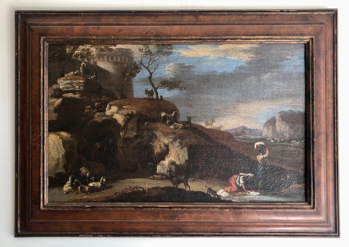 An Idyllic 17th Century Italian Landscape On Canvas-photo-3