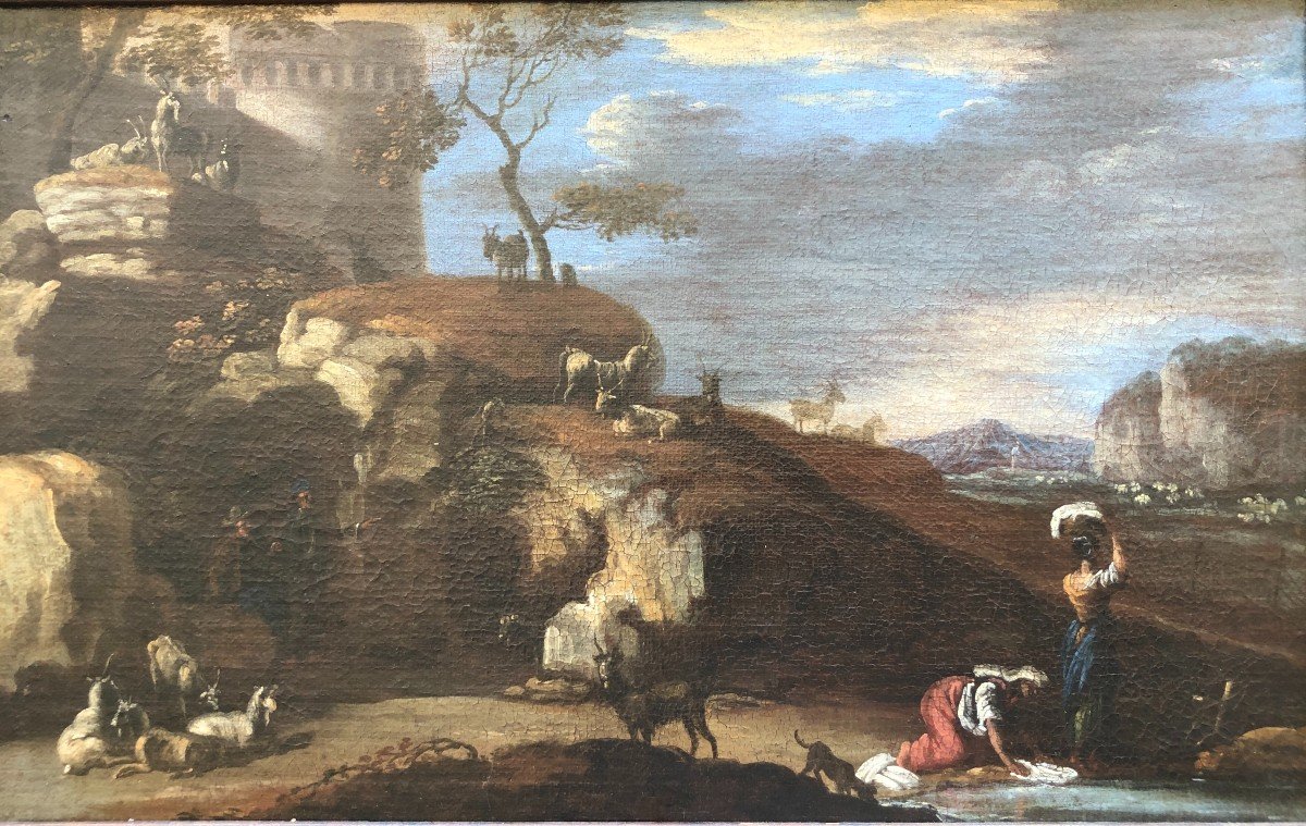 An Idyllic 17th Century Italian Landscape On Canvas
