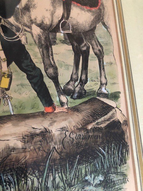 Emmanuel Grammont, Cavalry, Ink And Watercolor Drawing,-photo-1