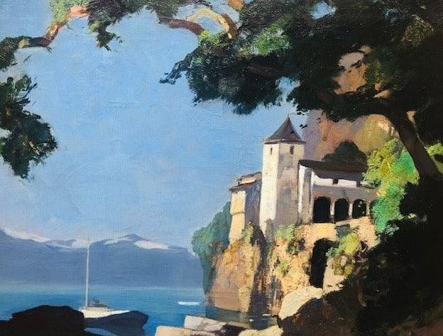 Une Vue De Santa Catarina Del Sasso, Lago Maggiore, Italie, Huile Sur Toile, Signé 