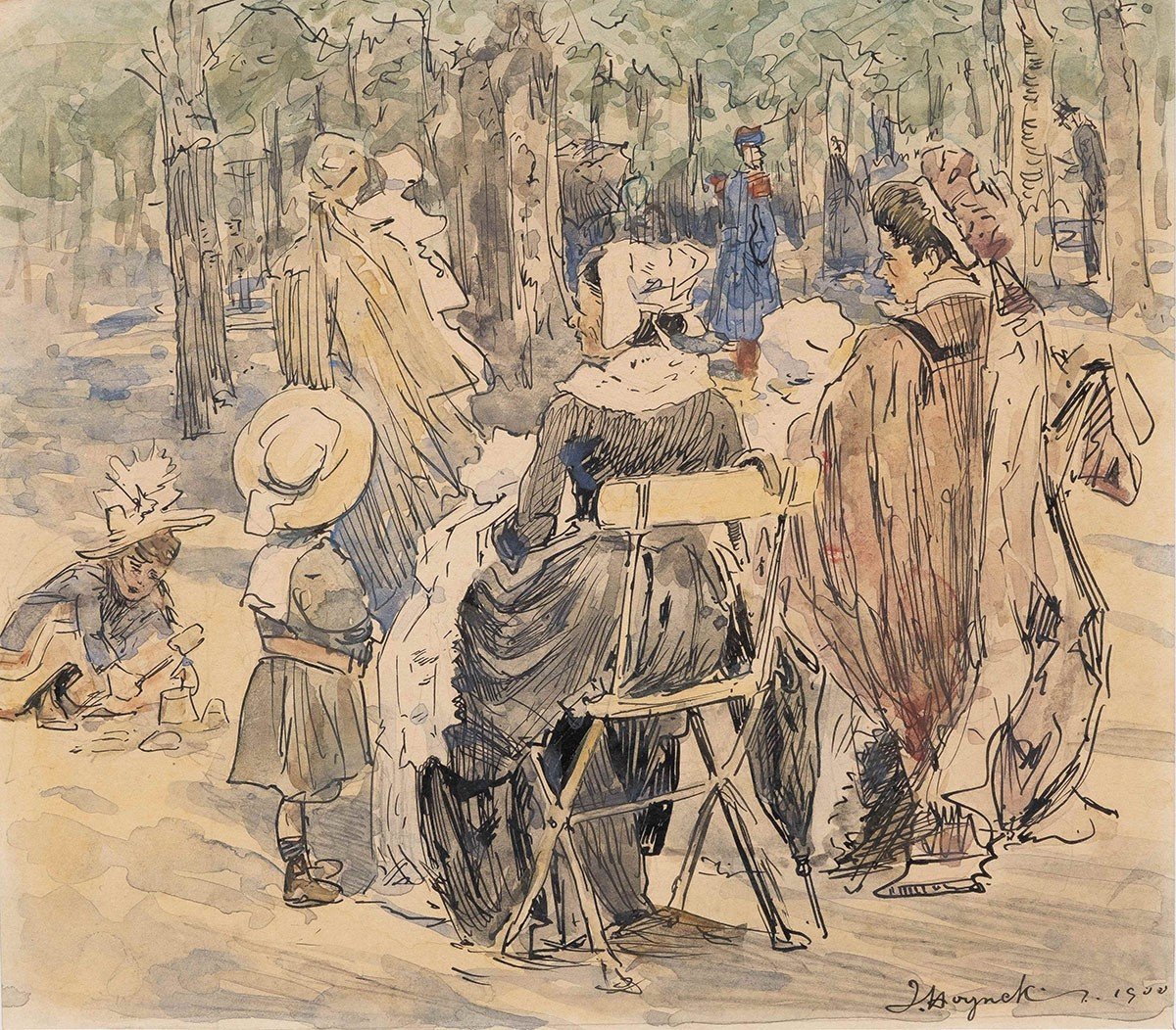 Jan Hoynck Van Papendrecht (1858-1933), Governesses At The Jardin Du Luxembourg In Paris, Watercolor