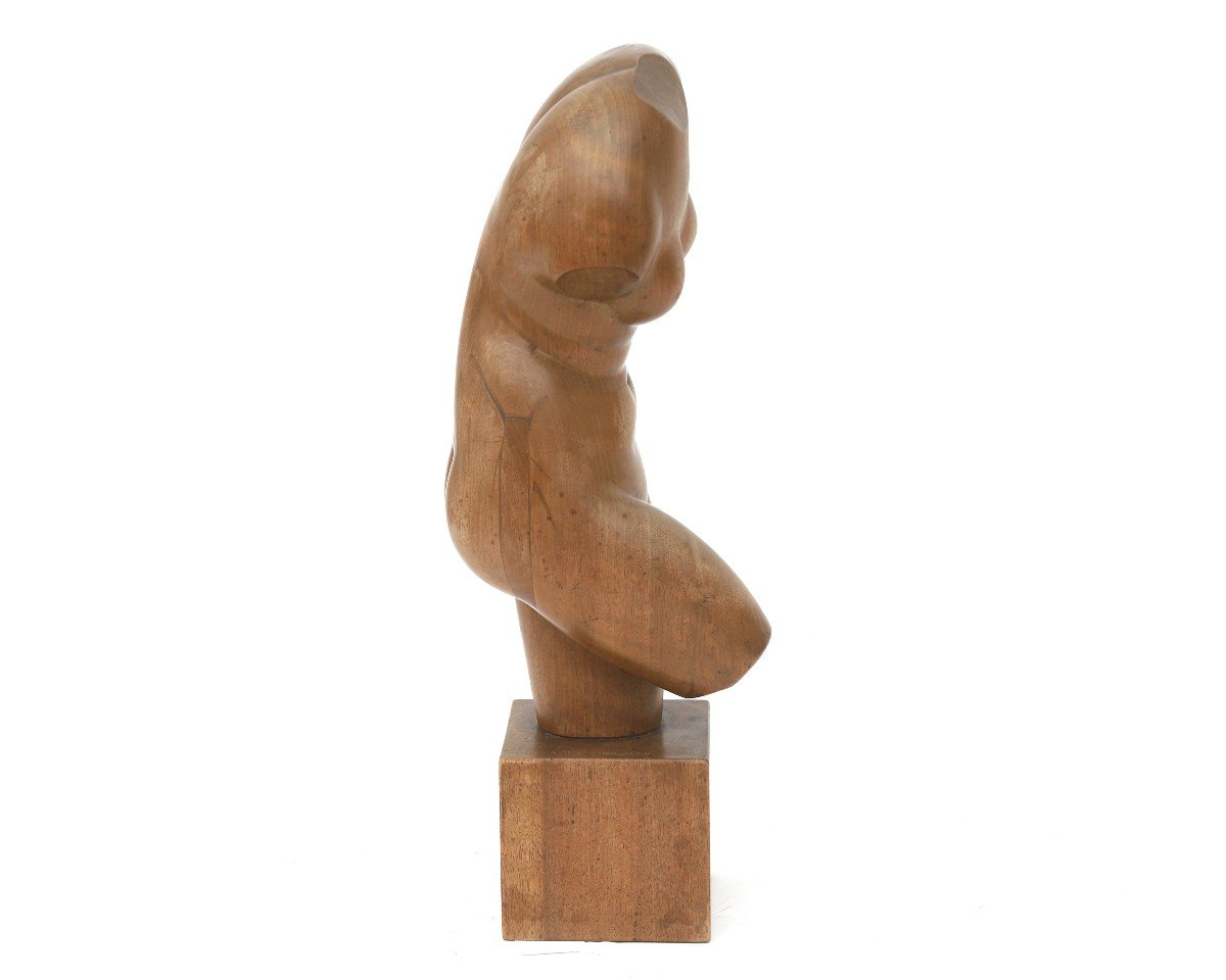 Willi Huggler, Wooden Sculpture, Torso, Signed-photo-2