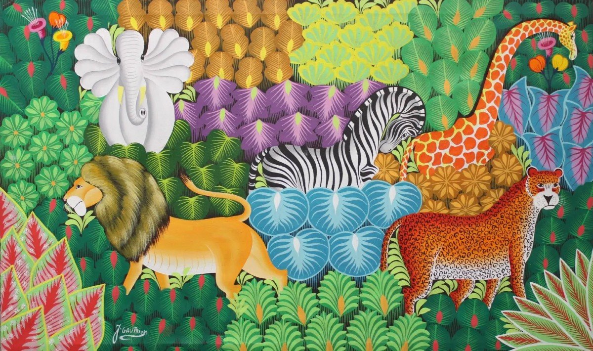 Joël Gauthier, Haitiën 1955, Animals In The Jungle, Acrylic On Canvas