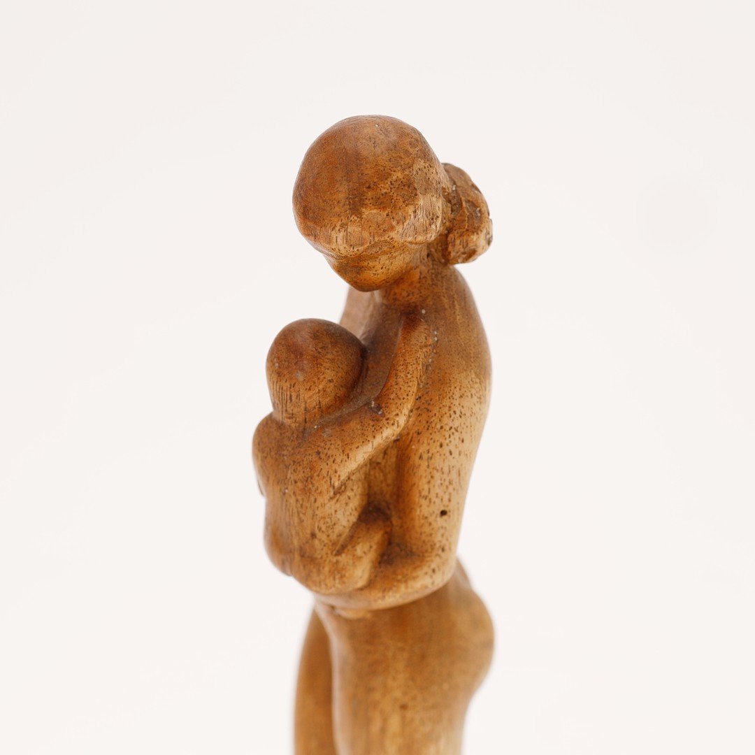 Ecole Européenne Du XXe Siècle, Mère Avec Enfant, Sculpture En Bois-photo-2