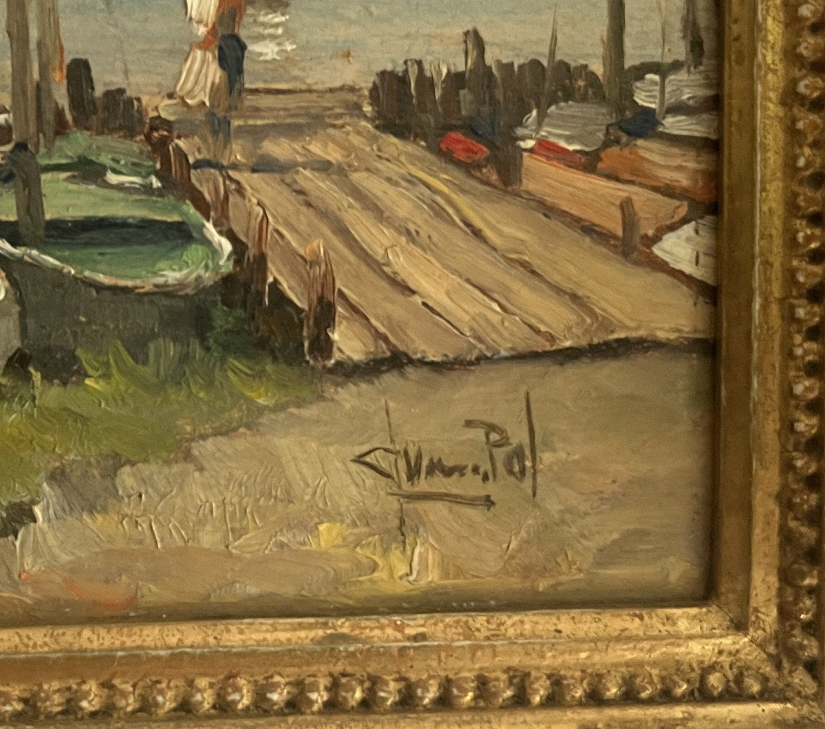 Des voiliers amarrés par une journée ensoleillée, Huile, Peintre à Identifier-photo-2