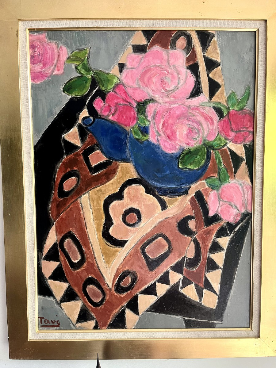 Georgette Tavé (elbeuf 1925 - Paris 2008) Les Roses Au Foulard Art Deco Oil,  Signed-photo-3