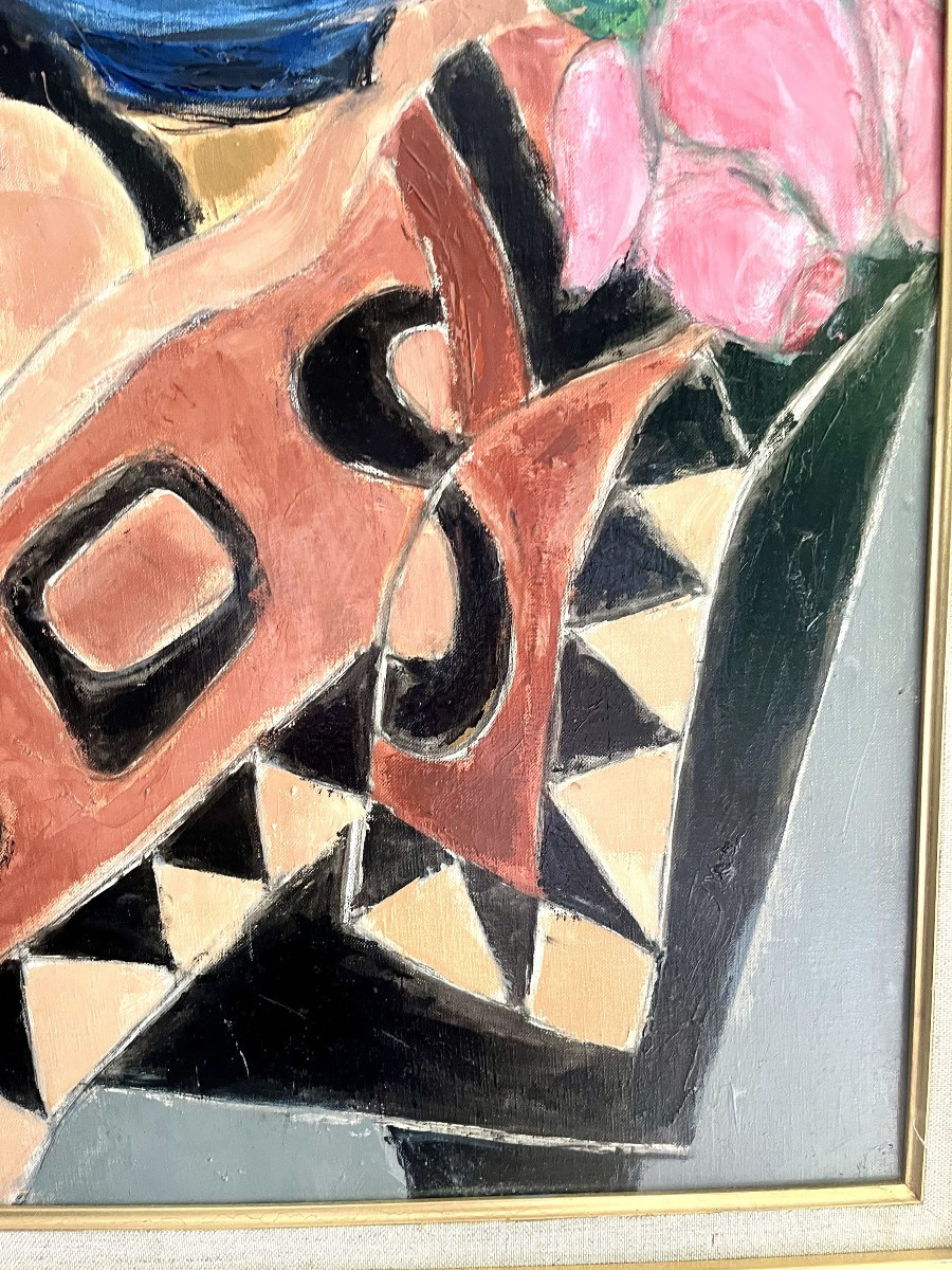 Georgette Tavé (elbeuf 1925 - Paris 2008) Les Roses Au Foulard Art Deco Oil,  Signed-photo-4