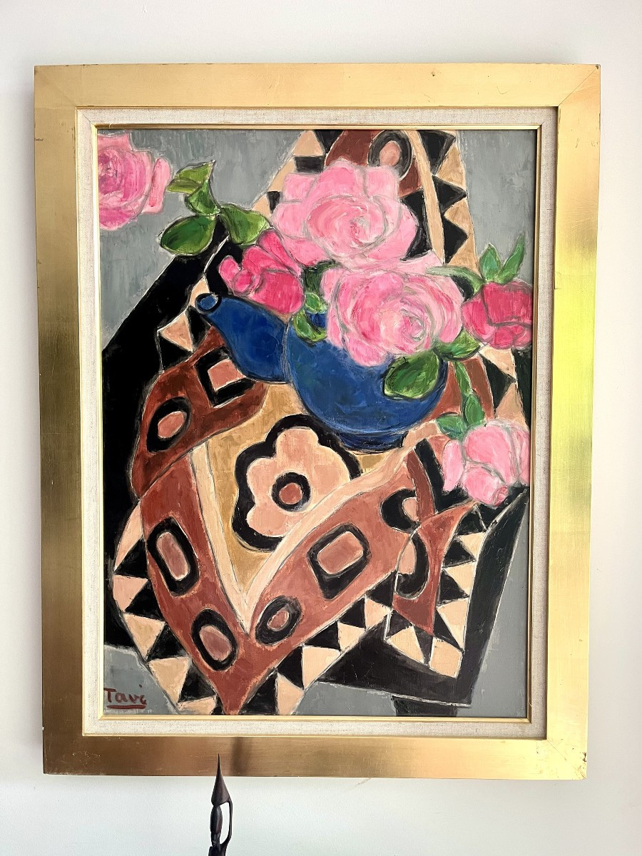 Georgette Tavé (elbeuf 1925 - Paris 2008) Les Roses Au Foulard Art Deco Oil,  Signed