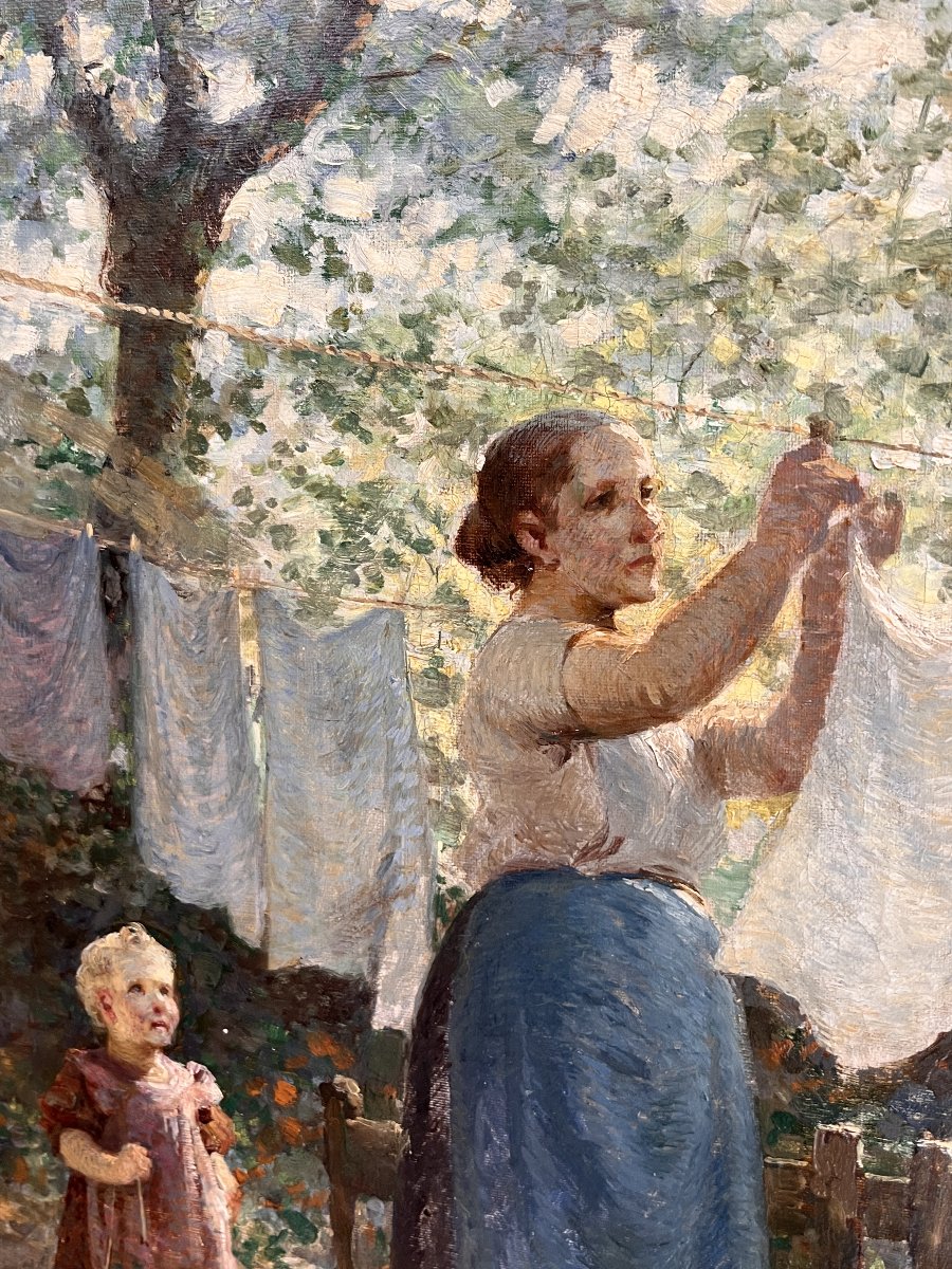Jacobus Frederik Sterre de Jong (1866-1920), une jeune femme étend son linge, Huile sur toile, -photo-2